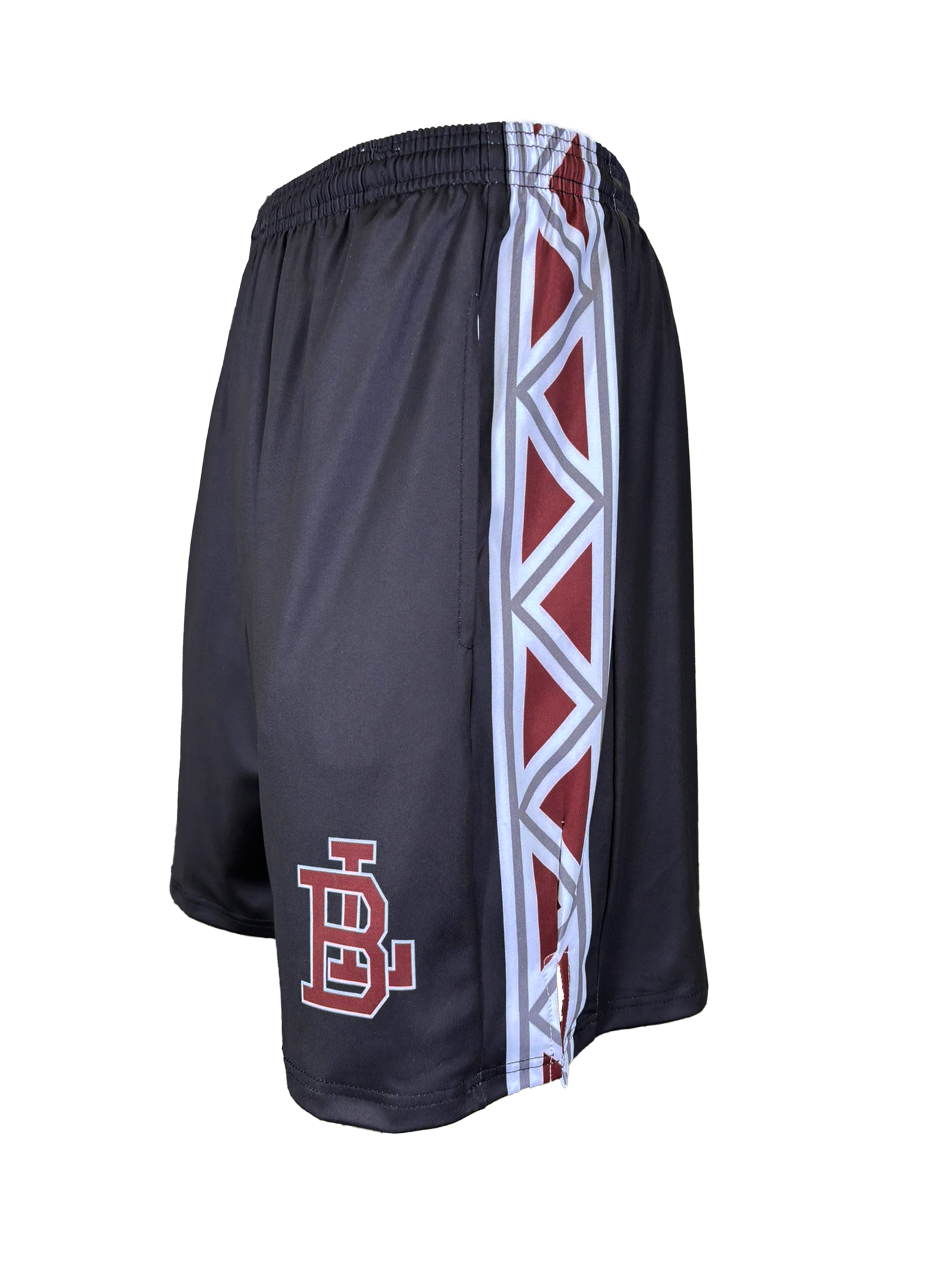 Black athletic shorts with red and white design on a white background