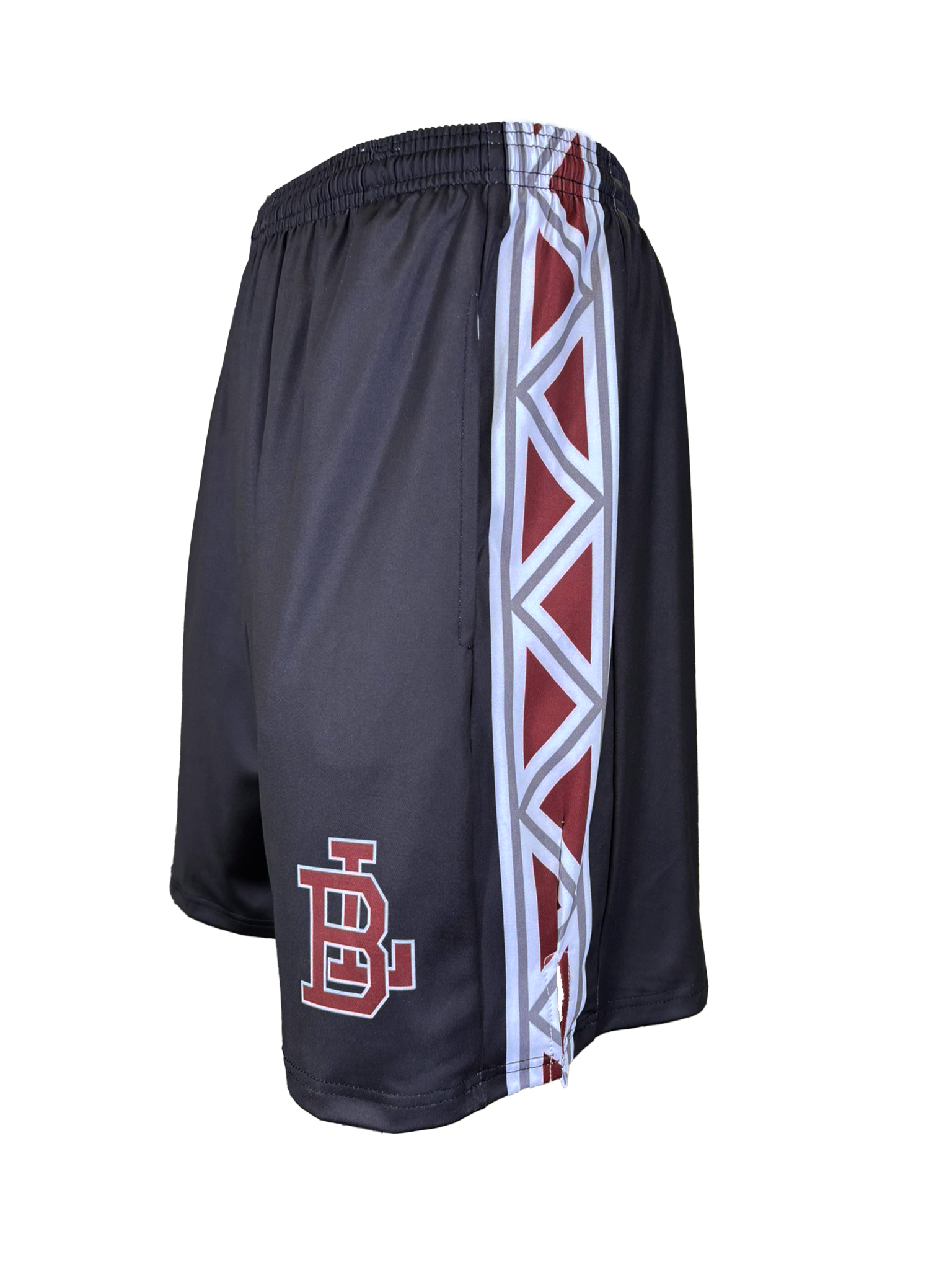 Black athletic shorts with red and white design on a white background